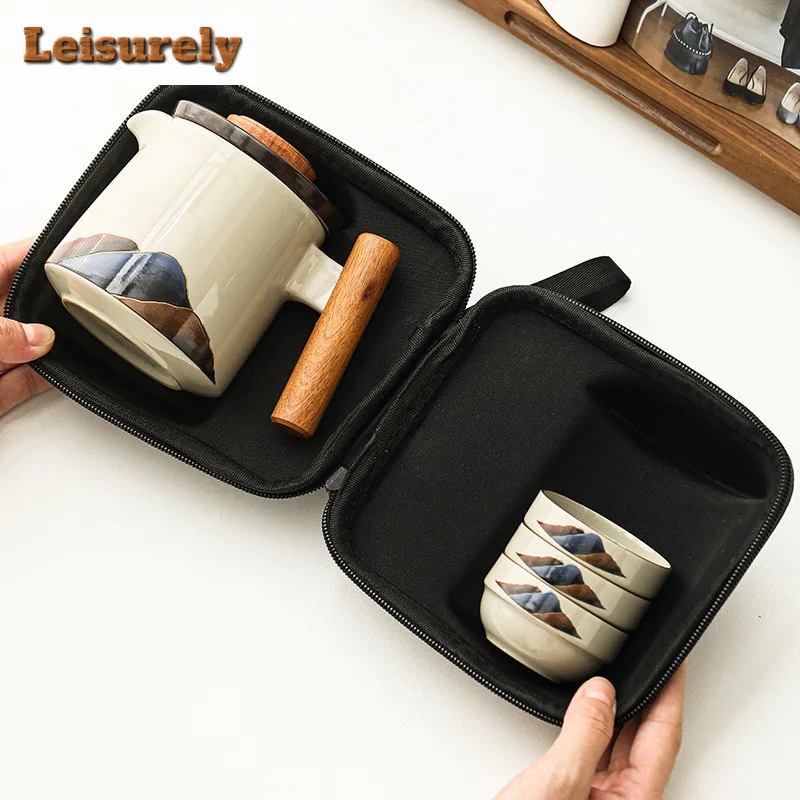 Mountain River Grass Wood Grey Tea Set Kit 1 Pot 3 Cups Tea Brewing Camping Travel Tea Set Portable Tote Bag Tea Ceremony Craft