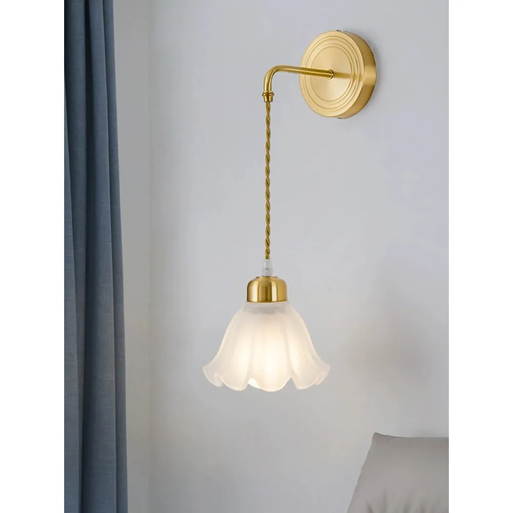 

Nordic copper wall lamp living room background wall bedroom bedside lamp French cream wind flower hanging line master bedroom wa