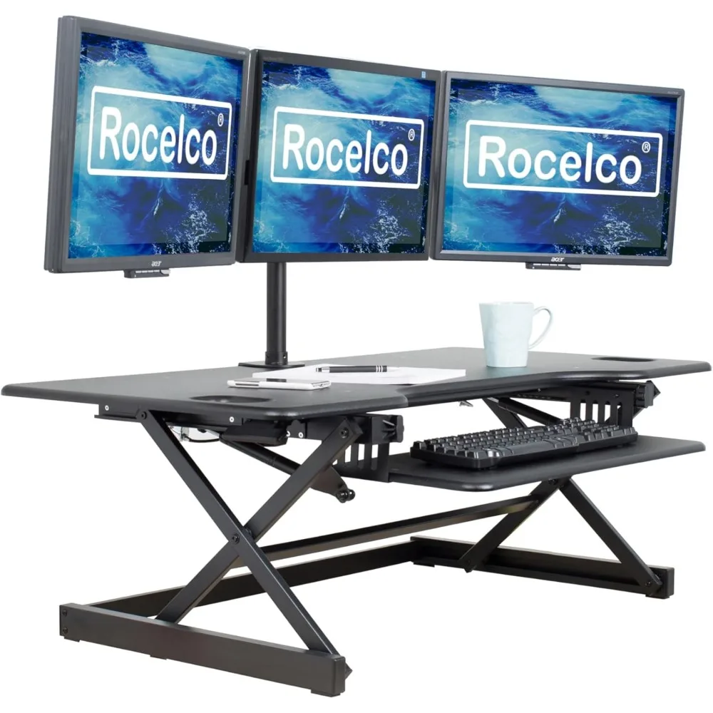 46" Large Height Adjustable Standing Desk Converter - Quick Sit Stand Up Triple Monitor Riser - Tall Gas Spring Assist Computer