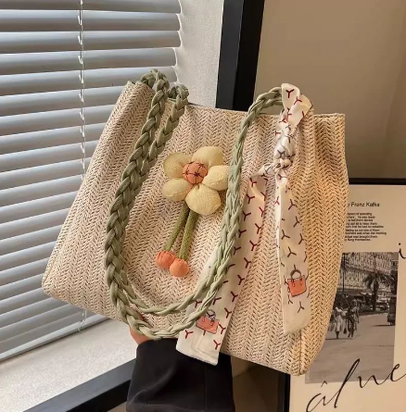 

Женская вместительная сумка-тоут, новинка 2024, модная Женская тканая сумка-тоут из травы, универсальная женская сумка на одно плечо