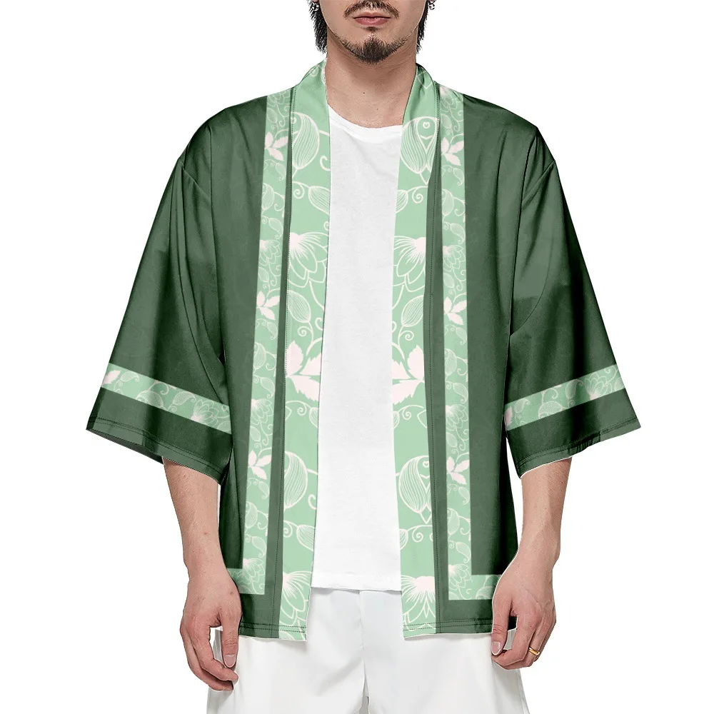 Green Kimono Summer Beach Geometric Print Japanese Samurai Kimono Fashion Men Women Cardigan Haori Obi Oversized Tops japanese kimono,japanese kimono cardigan