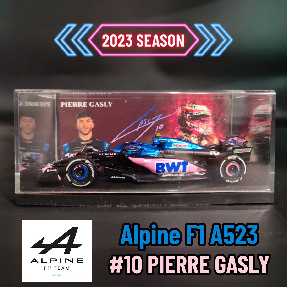 Модель гоночного автомобиля Bburago 1:43, 2023, F1, Alpine A523, специальный выпуск, подпись, витрина, копия масштаба, Формула 1, Миниатюрная игрушка