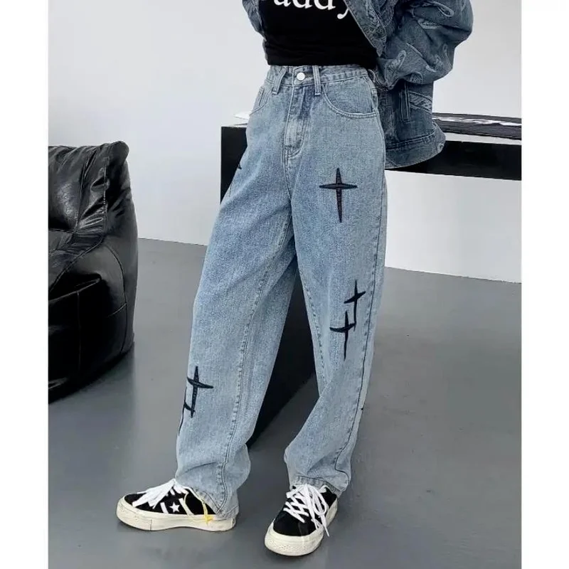 Streetwear Cross Embroidery Wide Leg Jeans 4