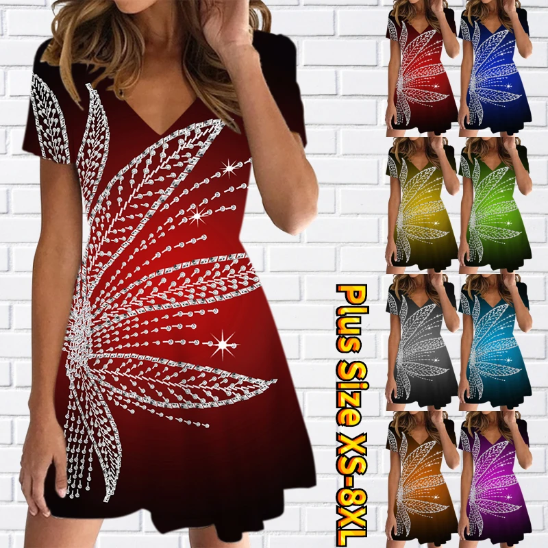 

2023 Summer Women New Design Printing Skirt V-Neck Casual Slim Dress Loose Size Short Sleeve Fashion Knee-length Skirt XS-8XL