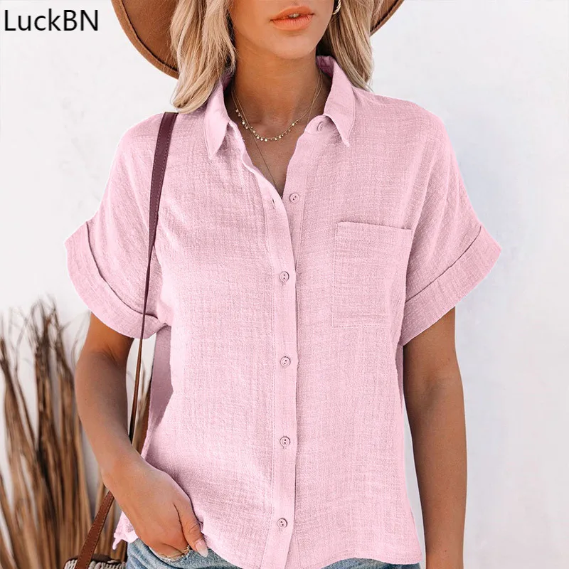 Summer Blouses Cotton Linen Short Sleeve Women's Shirt White  Women Single Breasted Turn-down Collar Elegant Ladies Tops 2023