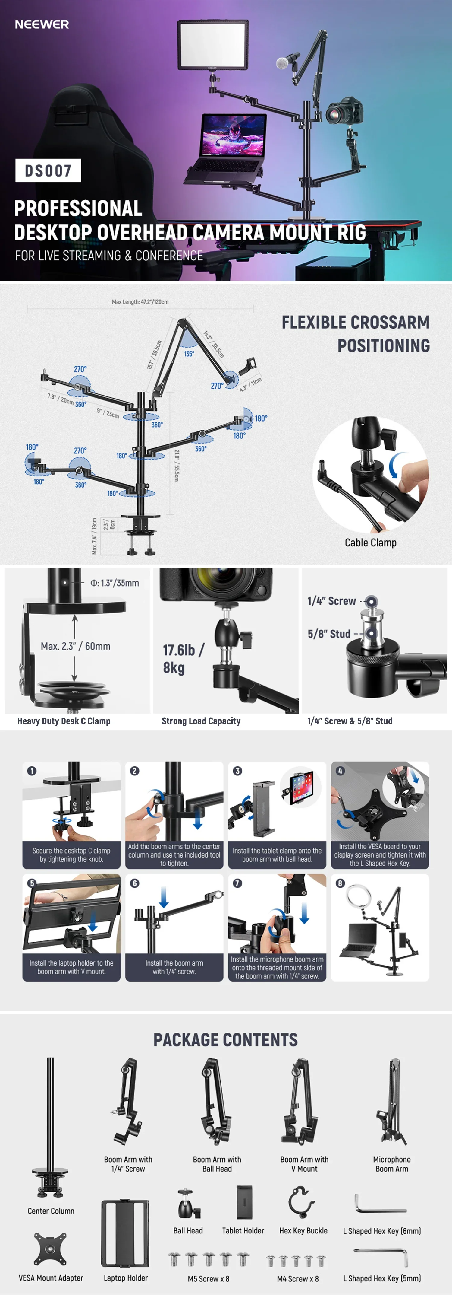 DS007 Desktop Overhead Camera Mount Rig, Adjustable Arm for Content Creation, Ph