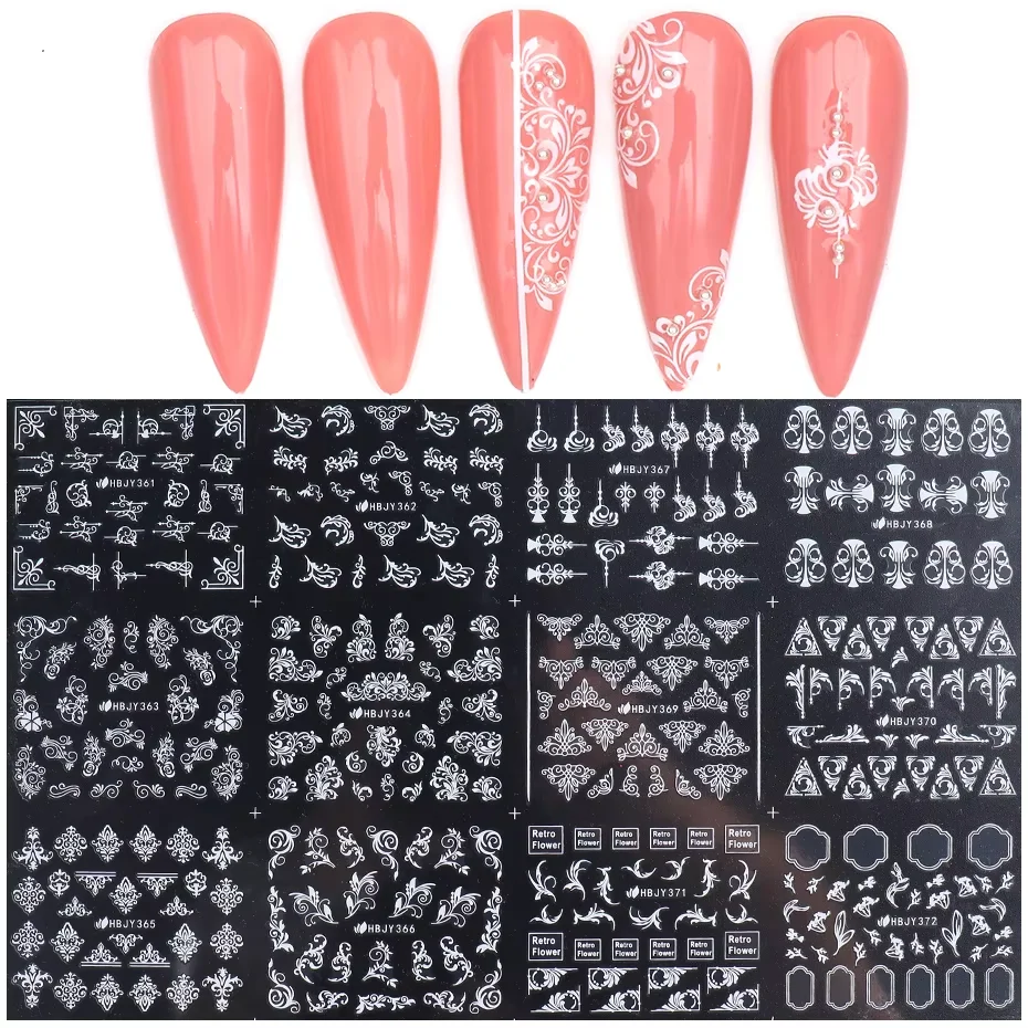 1PCS Black White Nail Stickers Flower Leaf Necklace 3D Sliders Decal Gel Polish Sticker DIY Design Manicure Tips HBJY373-384 4