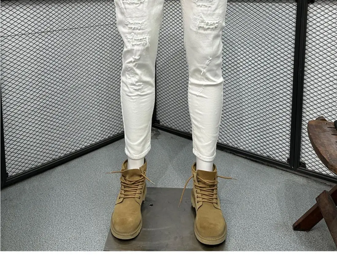 White Scratched Jeans Men's Spring and Autumn 2026 New Trendy Brand Slim-fitting Pants Fashion Ripped Pants Pantalones Hombre 5