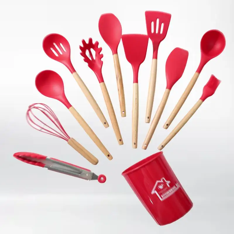 

Silicone Kitchen Utensil Set with Wooden Handles - Non-Stick Cooking Tools for Effortless Culinary Delights