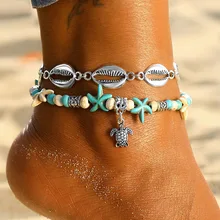 Summer Beach Howlite Stone Starfish Sea Turtle Anklet Women Double Layer Silver Plated Metal Shell Anklets For Women GT-04