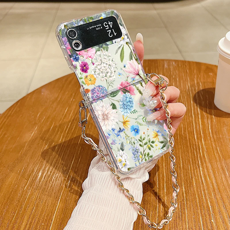 Hydrangea Print Metal Lanyard Case For Samsung Galaxy Z Flip6 Flip5 Flip4 Flip3 Flip 6 5 4 3 Shockproof Clear Soft Phone Cover_voghion.com