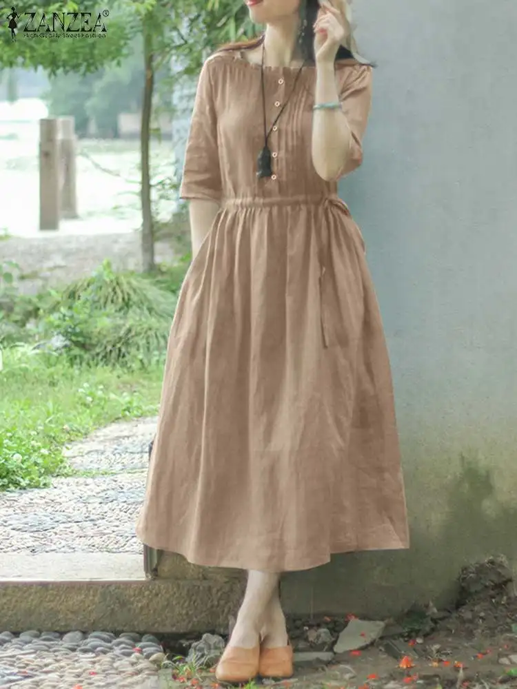 

Elegant Sundress 2023 ZANZEA Women Summer Dress Pleated Design Vestido Female Half Sleeve Solid Color Robe Holiday Causal Dress