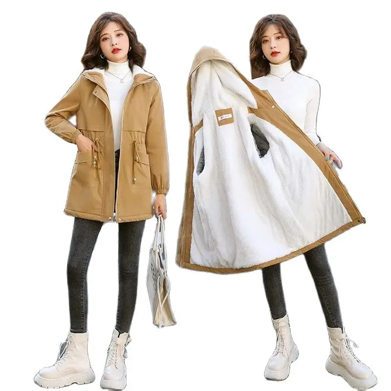 

Add Velvet Cotton Padded Clothes Female 2023 NEW Winter Jacket Fashion Women's Cotton Coat Mid-Length Hooded Windbreaker