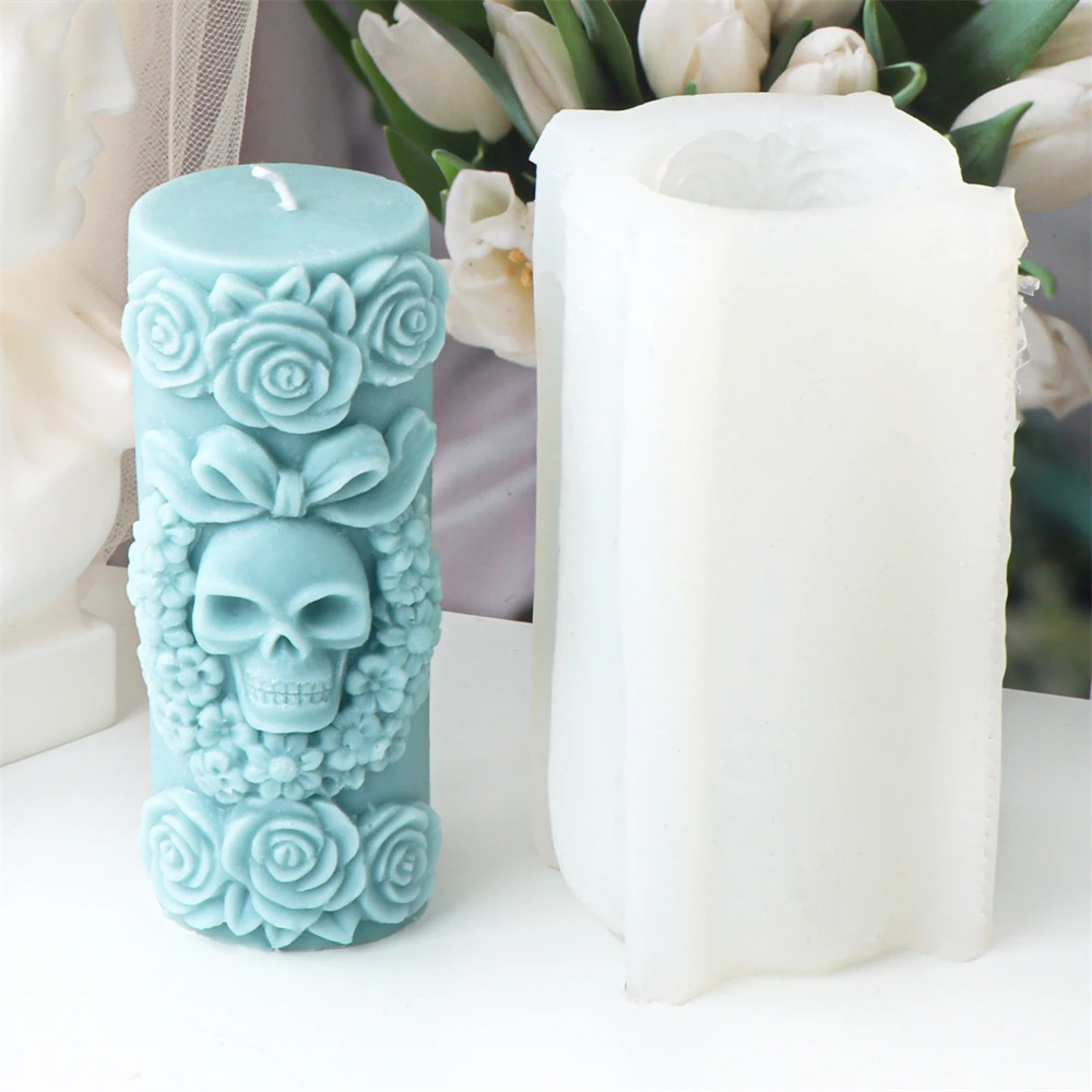3D Relief Skull Column Candle Silicone Mold DIY Halloween Skull Post Aroma Gypsum Candle Mold Handmade Halloween Gift Decor Tool