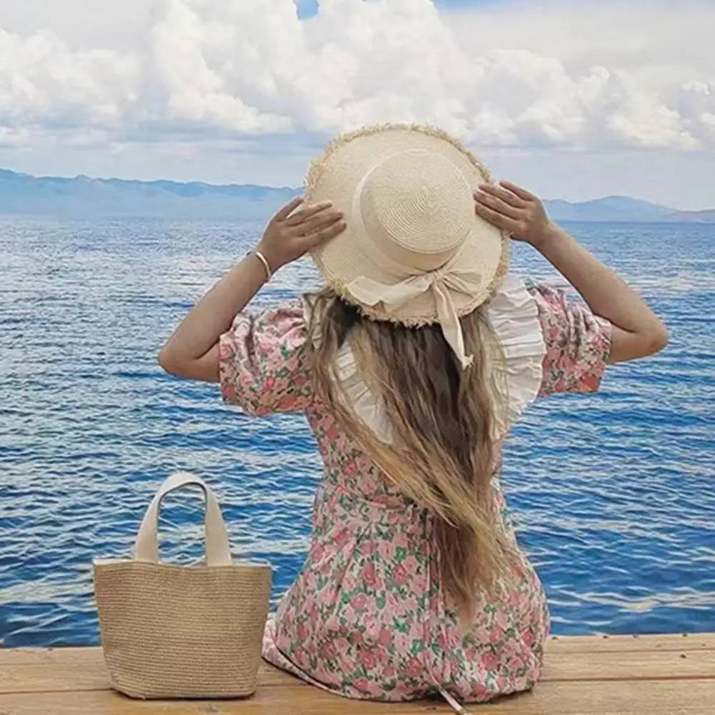 

Fisherman Hat Sun Protection Large Brim Decorative Bow-knot Decor Anti-UV Ripped Edge Lady Straw Hat Women Headgear