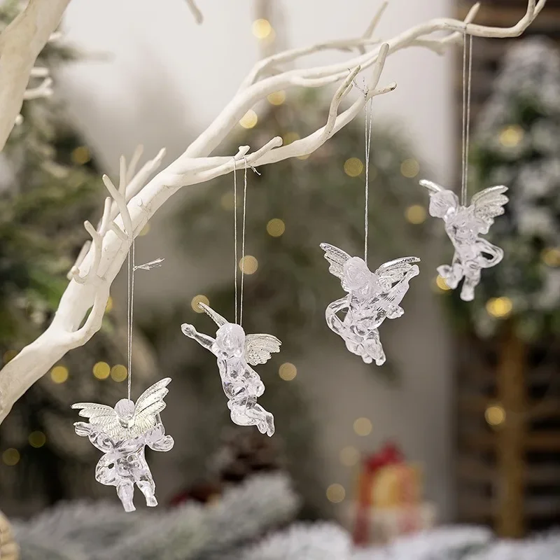 Christmas Transparent Angel Pendant Crystal Clear Acrylic Angel with Wings Xmas Tree Hanging Ornament Imitation Winter Decor