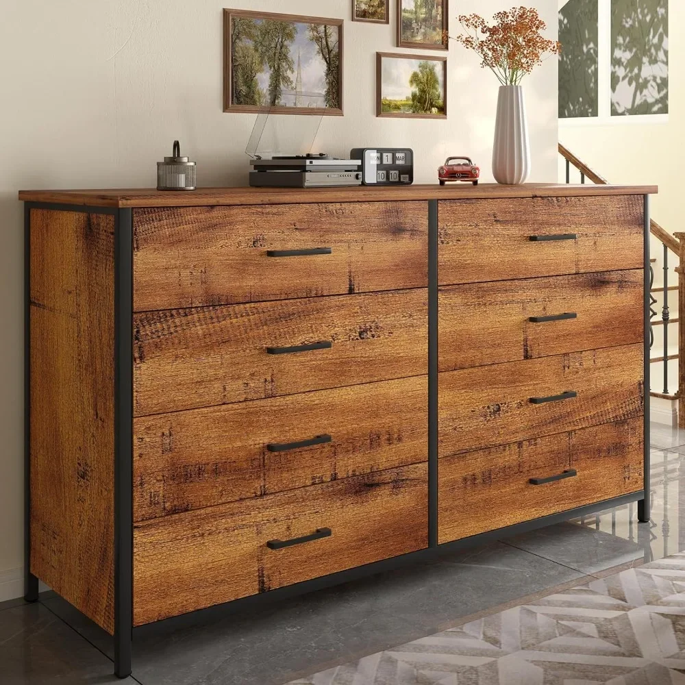 

8 Drawer Double Dresser, Industrial Wood Storage Dresser Clothes Organizer with Sturdy Steel Frame, Storage Dresser for Bedroom