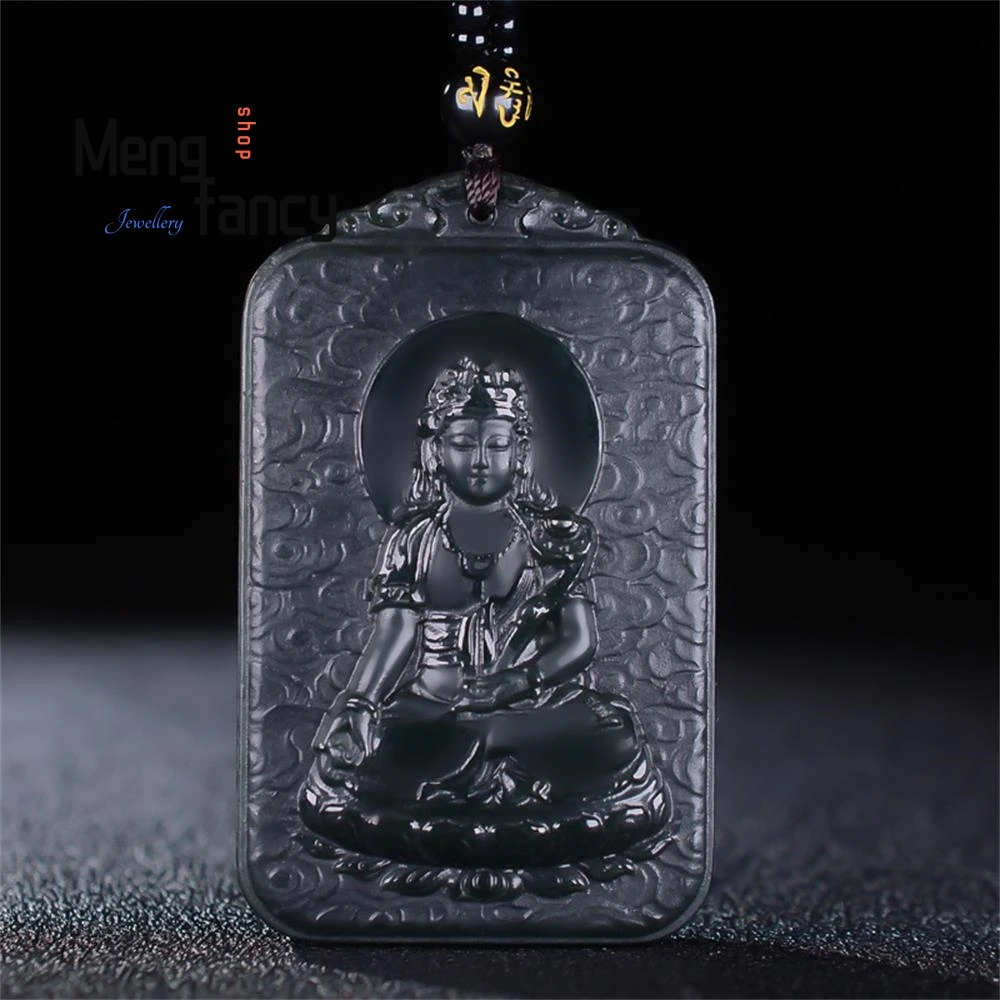 

Natural Hetian Green Jade Double-sided engraving Ruyi Goddess of Mercy Pendant Exquisite Luxury Fashion Jewelry Buddhist Amulets