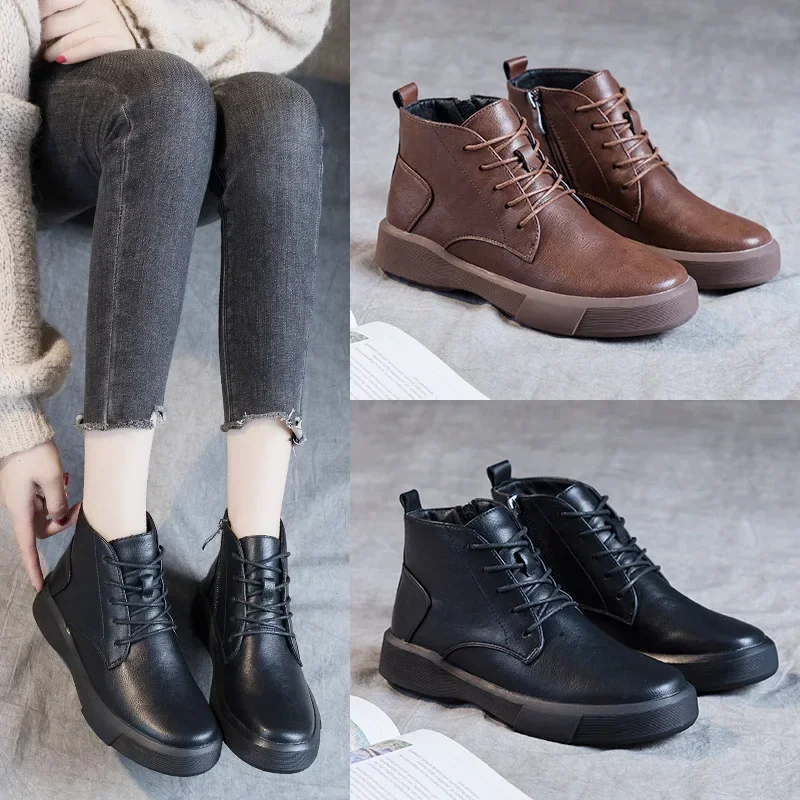 New Large Women's Autumn Flat Sole Single Boots Retro British Style Short Boots Casual Plush Winter Women