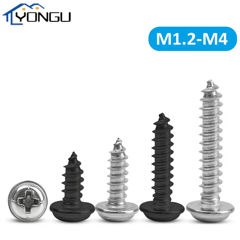 

100/200Pcs PWA Cross Round Head With Washer Self Tapping Screws M1.2~M4 Black/Nickel Plated Pan Head Phillips Screw