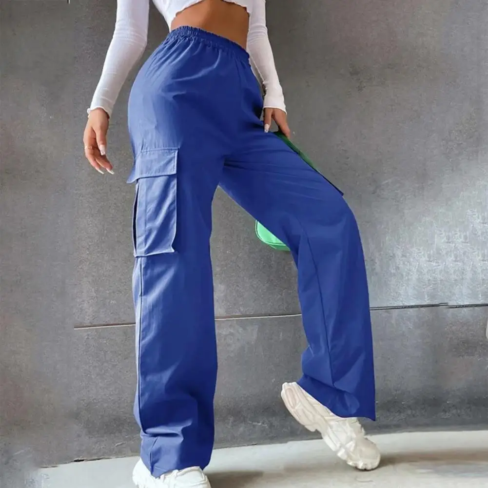 

Women Cargo Pants Elastic Waist Straight Flap Pocket Hip Hop Wide Leg Streetwear Soft High Waist Long Trousers Female Clothes