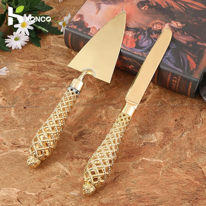 Konco Cake Knife And Server Set,2 PCS Gold Cake Cutting Utensils Engraved Cake Cutter and Serving Spatula for Wedding Party
