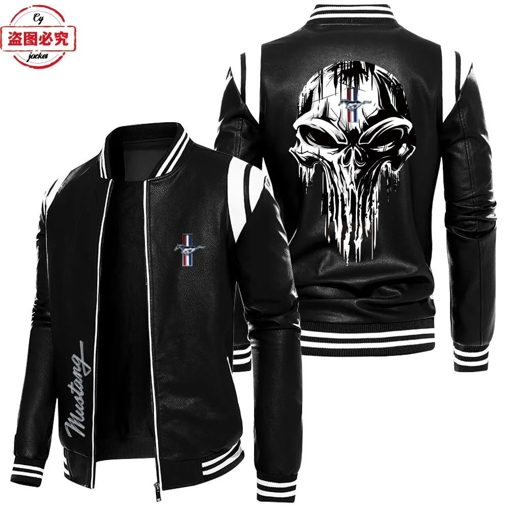 Contrast color leather jacket Ford Mustang car logo retro washed pu leather jacket windproof men's autumn and winter warm velvet 4