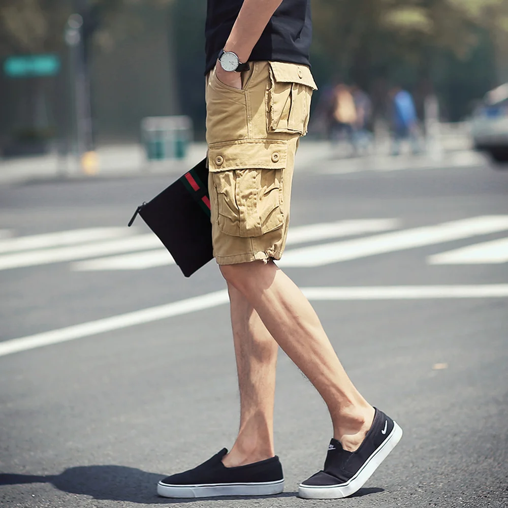 Khaki Cargo Shorts Men Summer Streetwear Bermuda Shorts Knee Length Cotton Trousers With Pockets Japan Style Short