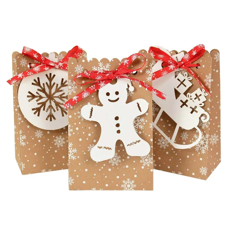 

12pcs Christmas Candy Cookie Packaging Kraft Paper Box Bag Bow Gift Boxs Supply Home Party Xmas Decoration New Year 2024 Navidad