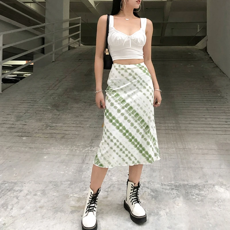 

Y2K Women Spring High Waist Harajuku Aesthetic Green Tie-Dye Dot Striped Printed Midi Skirt Package Hip Long Straight Streetwear