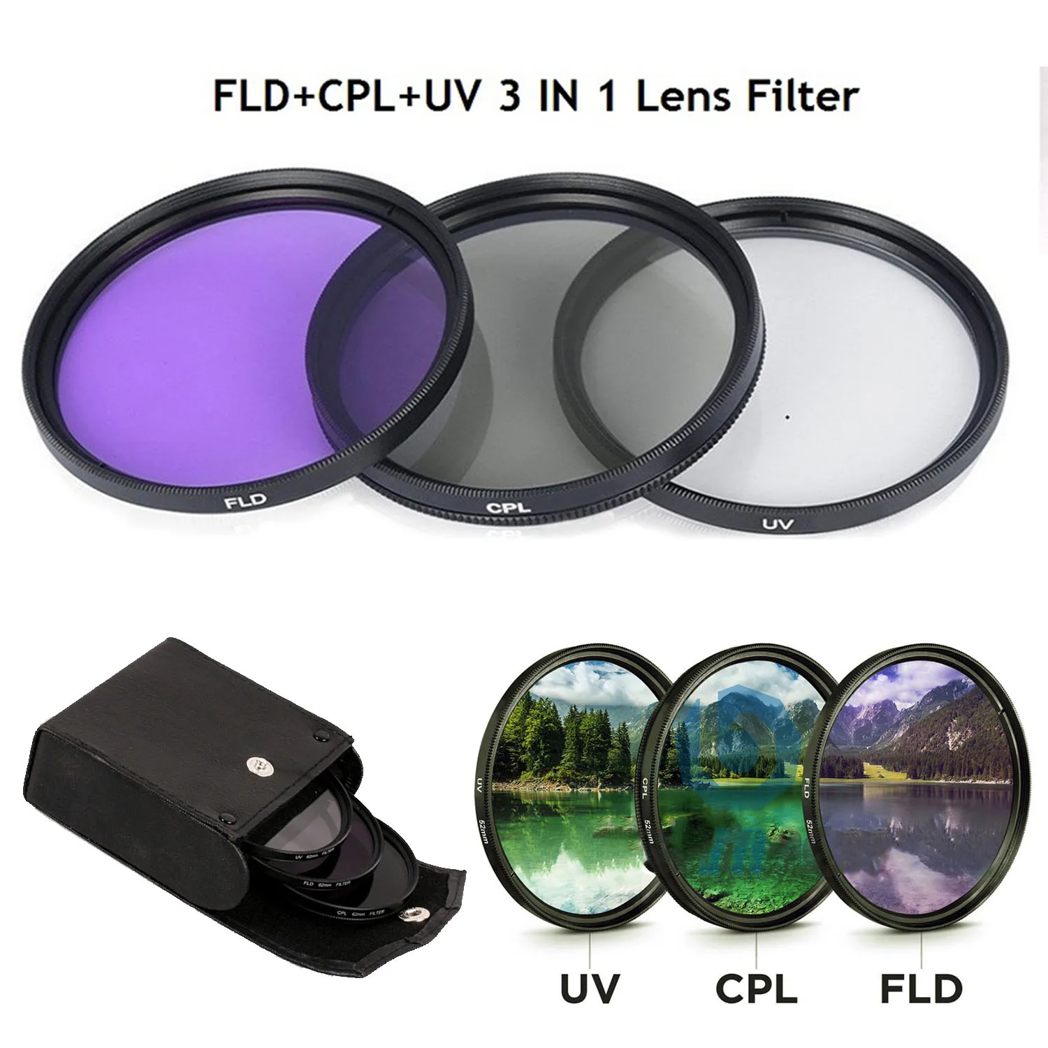 3 Pcs 3-in-1 Lens Filter Set with Bag Camera 52MM 62MM 67MM Protector Filtering Circular Polarizer Replacement
