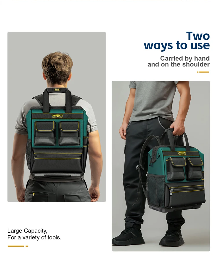 Werkzeugrucksack, mehrere Taschen, große Kapazität, Gummibasis, verschleißfest und langlebig, multifunktionaler Werkzeugaufbewahrungsrucksack – Detail 8