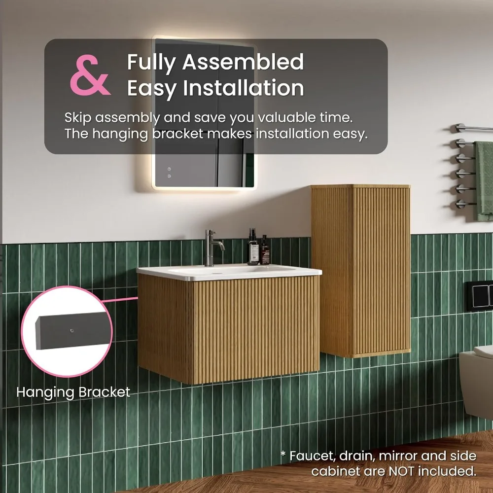 24" Bathroom Vanity with Sink,Modern Floating Vanity with Push Open Soft Close Drawer,Large Storage for Small Space,Natural Oak 6