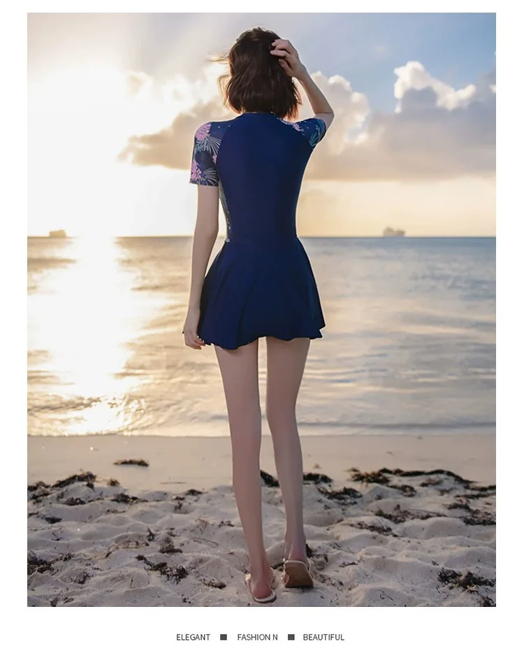 Women One Piece Water Sports Surfing Beach SwimSuit Sunscreen Short Sleeve Front Zipper Bathing Skirts Athletic SwimWear