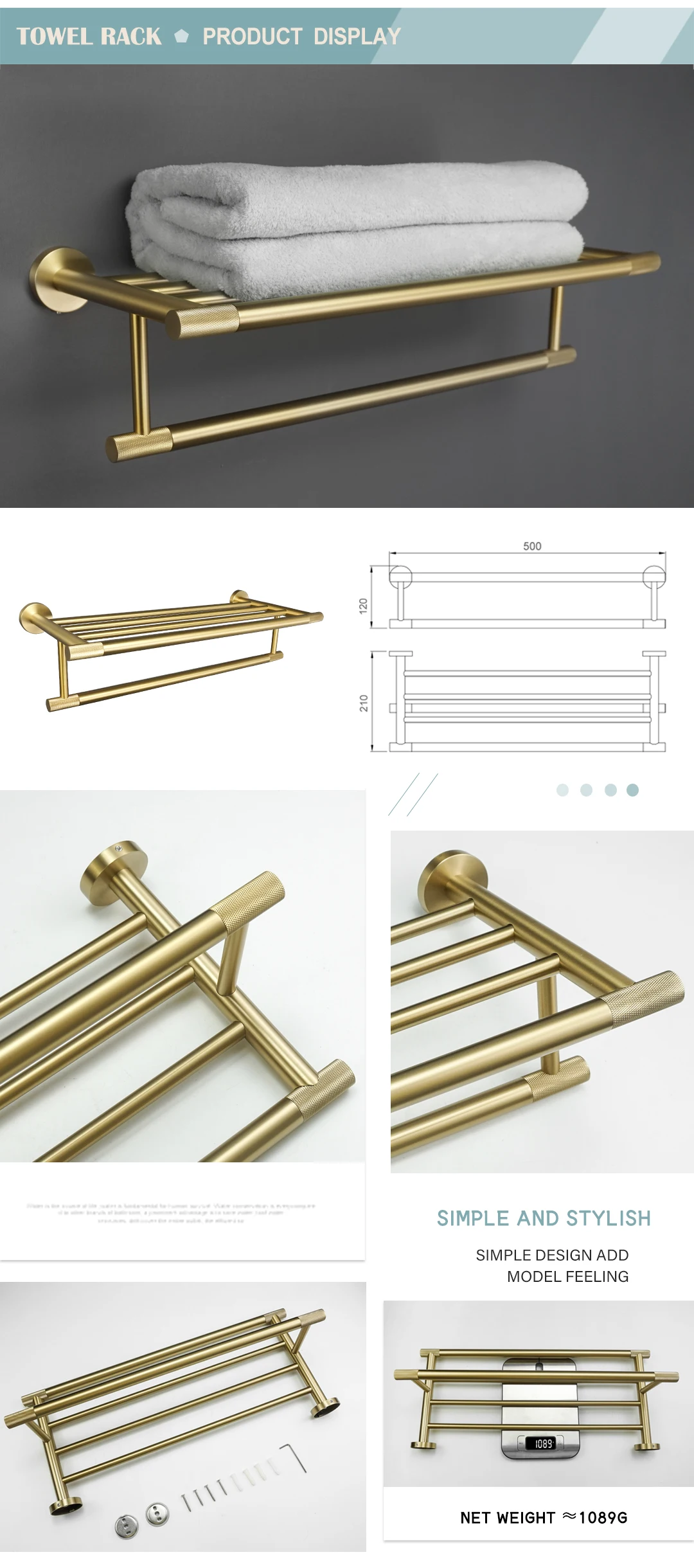 Description Picture 4 of itemGolden Towel Rack Towel Bar Ring Brushed Gold Hardware Set Robe Coat Hook Toilet Tissue Paper Holder Bathroom Accessories Kit
