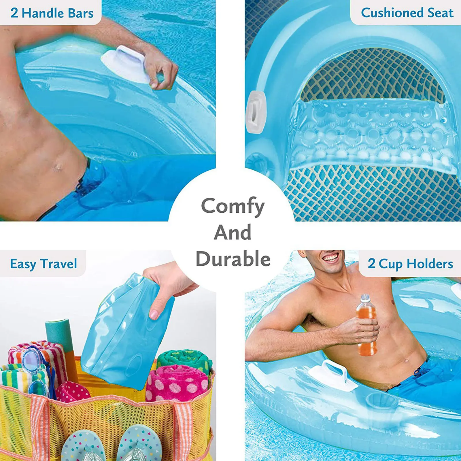 Inflatable Pool Floats for Adult Kids, Float Chairs with Cupholders and Handles Pool Lounges, PVC Water Mattresses Hammock Mat 5