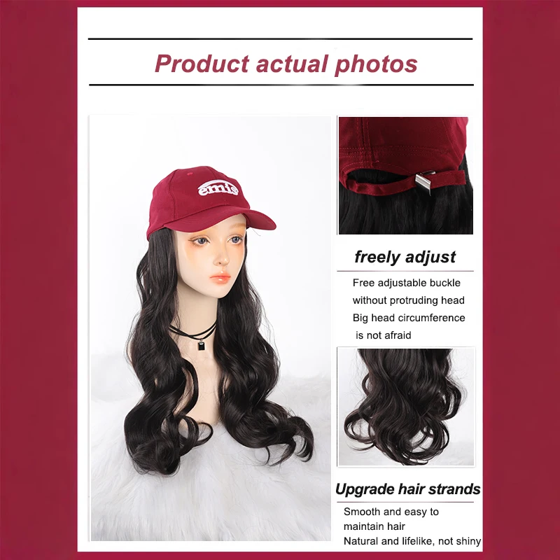 LUPU Hat Wig Wine Red Wavy Baseball Cap Suitable for Women and Girls Adjustable Baseball Cap, Heat-resistant Synthetic Wig