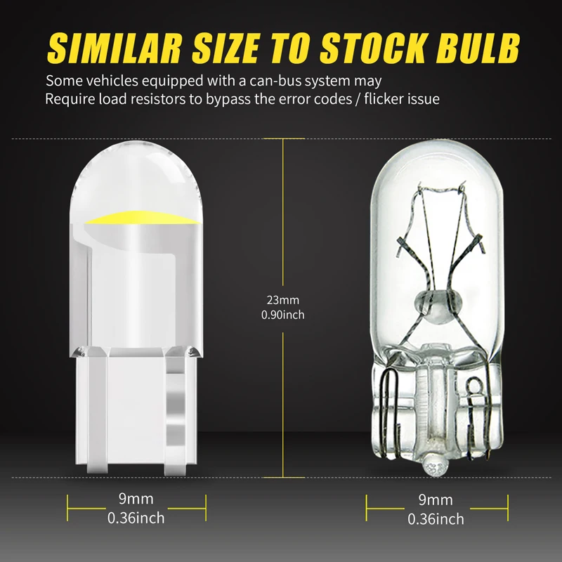 LED Lamp Bulb 10 Pcs T10 LED Socket W5W Glass COB 6000k