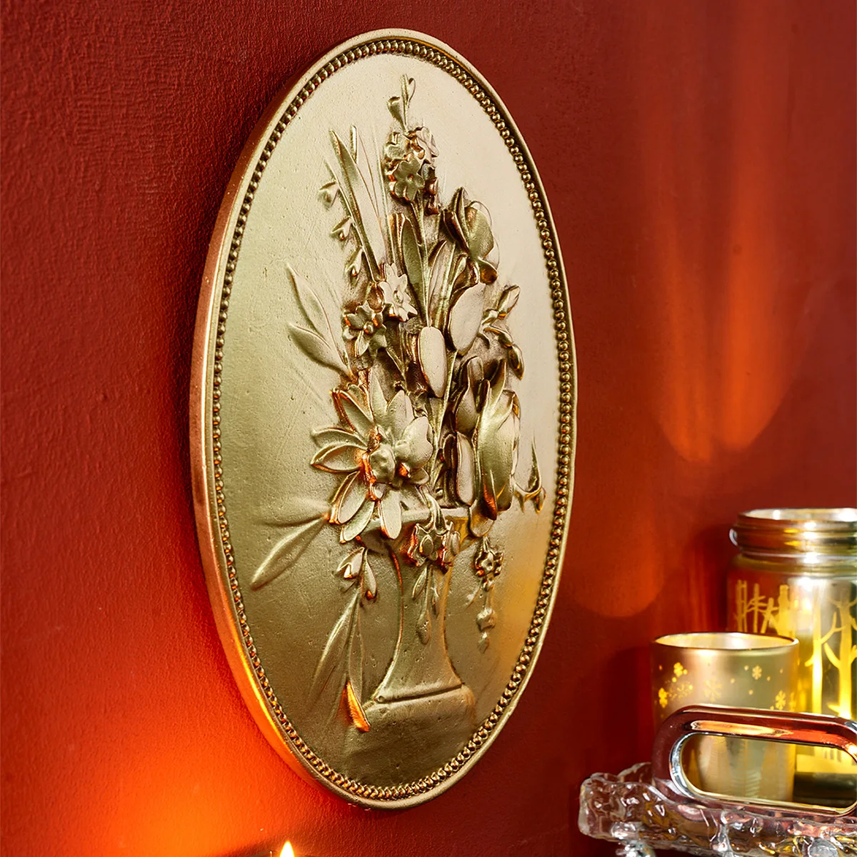 1PC, retro golden oval-shaped faux relief carved wall decoration, hand-painted resin material for home wall decoration