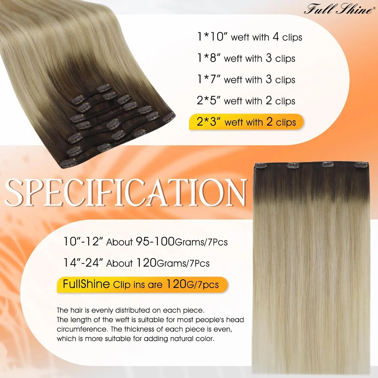 Full Shine Human Hair Extensions Clip in Hair Extensions Balayage 7pcs 120g Double Weft Remy Human hair extensions