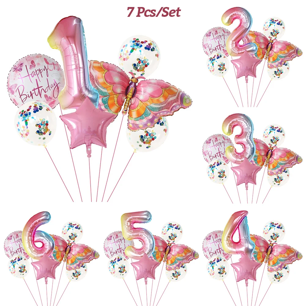 

7pcs Pink Butterfly Balloon Set for Kids Girl Birthday Party Decorations