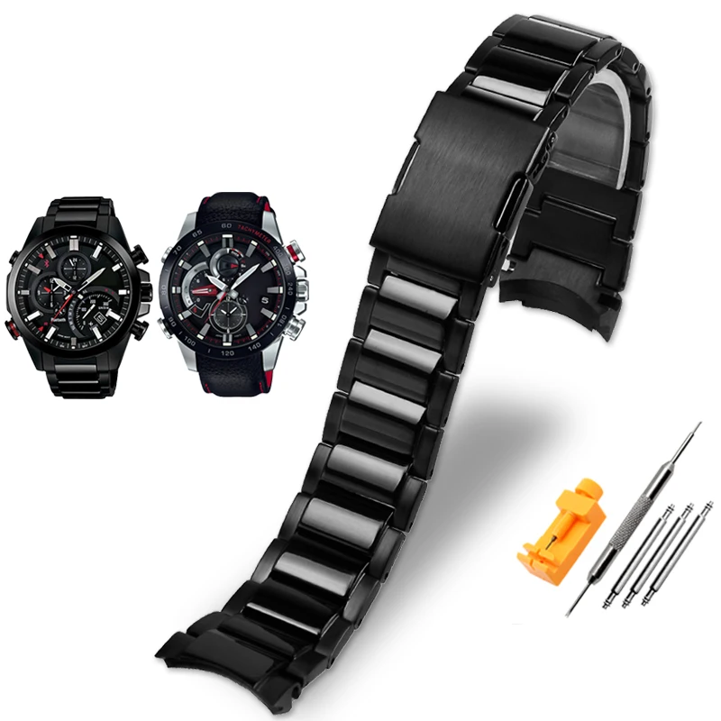thumbnail image 1 of Correa de reloj de acero con extremo curvo sólido para la serie Casio EDIFICE EQB-501 EQB-800 Cadena de reloj de acero de precisión con boca en arco de 22 mm para hombre, 1 of 5