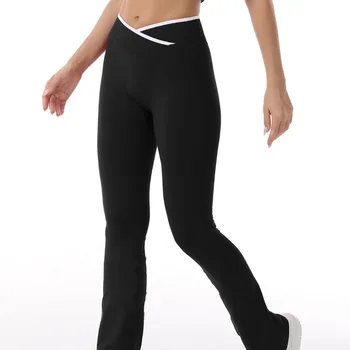 Sporty Flared Yoga Pants Women Color Block Cross Waist Bootcut Leggings Butt Lifting Tummy Control Workout Fitness Leggings