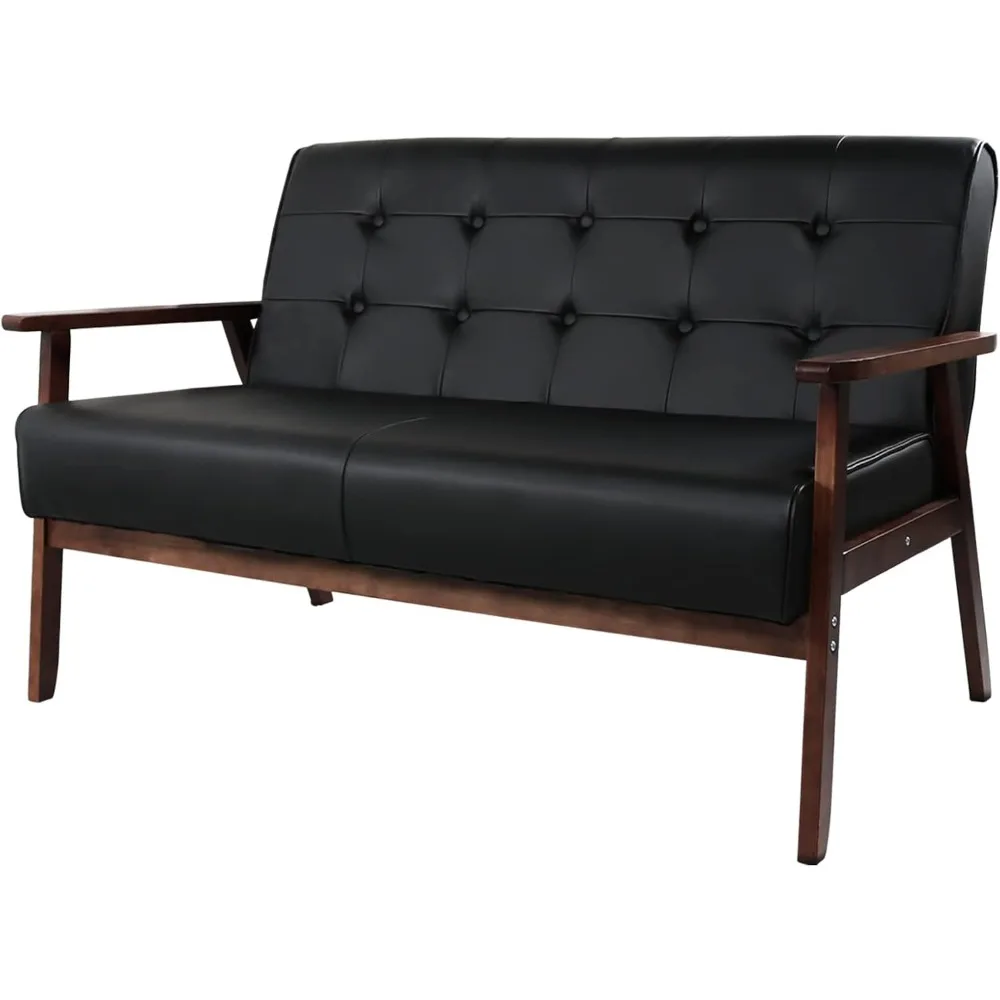 Leather Sofa Couch Set  Accent Chairs & 1Loveseat Black Faux Leather Loveseats Mid Century Modern Office Couch for Small Space 4
