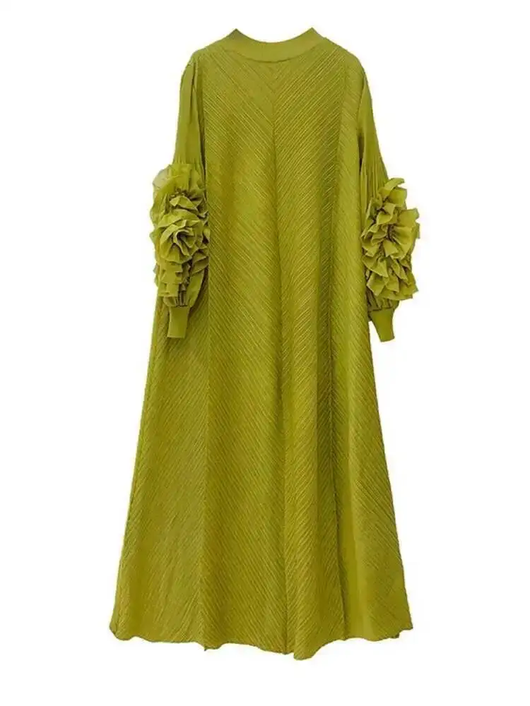 LANMREM Maxi Pleated Dress For Women Wine Red Long Ruffles Sleeves Solid Color Loose Elegant Clothing 2025 Spring New 2DB1827 - Image 5