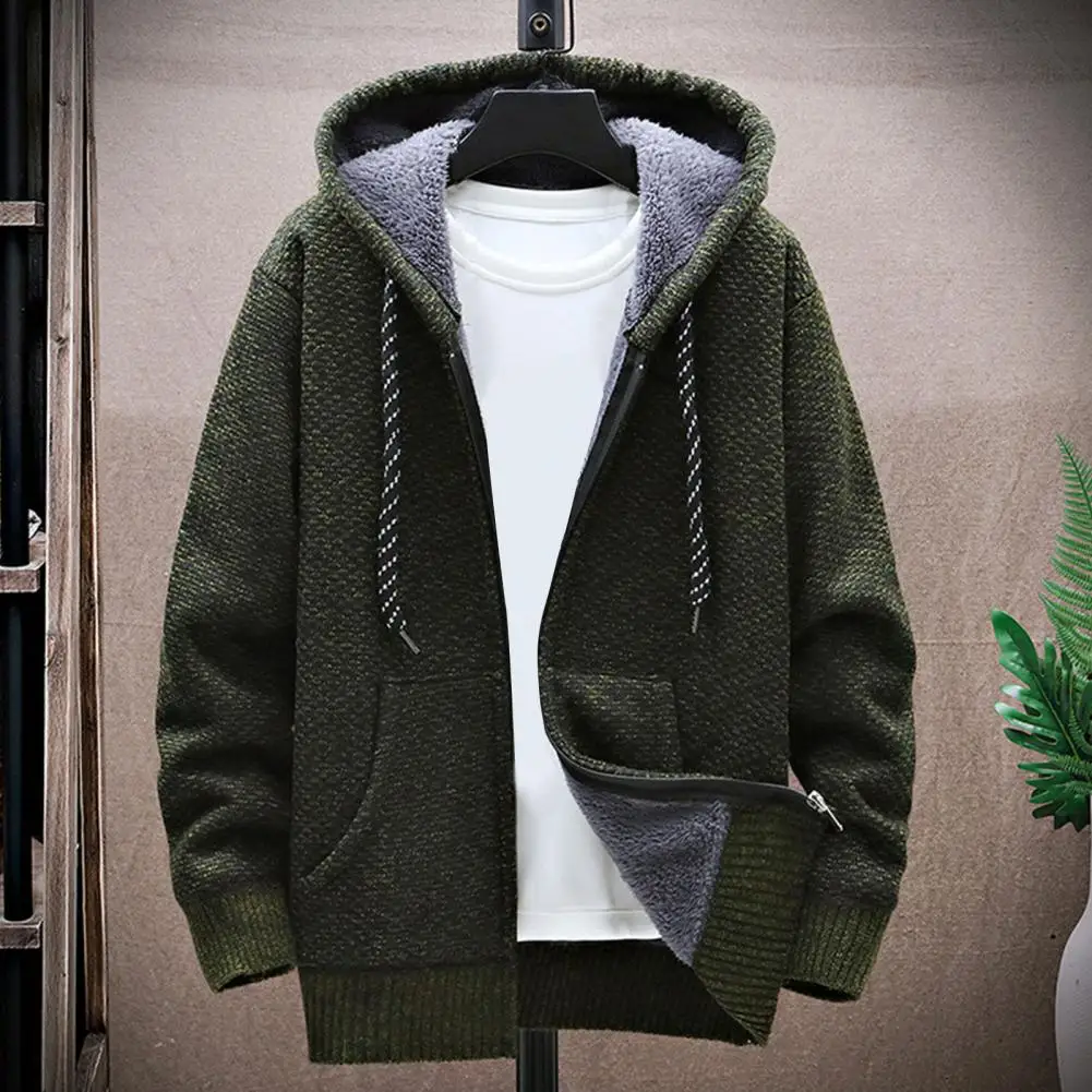 

Zipper Placket Cardigan Winter Men's Plush Lined Sweater Coat Hooded Drawstring Long Sleeve Pockets Zipper Placket Warm Knitted