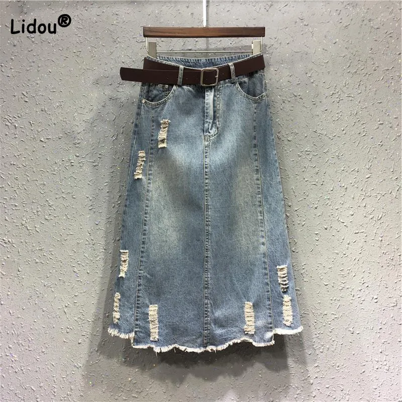 

Women's Clothing Fashion High Waist Hole Denim Skirt 2023 Spring Summer Casual All-match A-Line Bag Hip Midi Skirts for Female