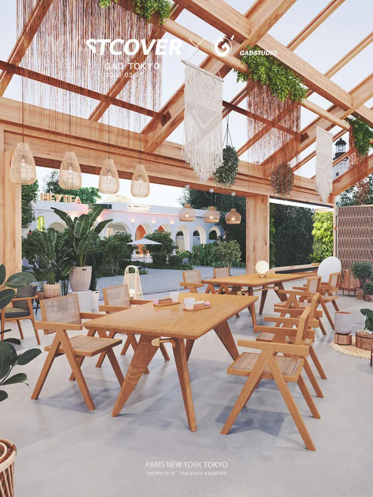 Rattan Restaurant Solid Wood Table and Chair Combination Set Coffee House Wabi-Sabi Wind Negotiation Lounge Area