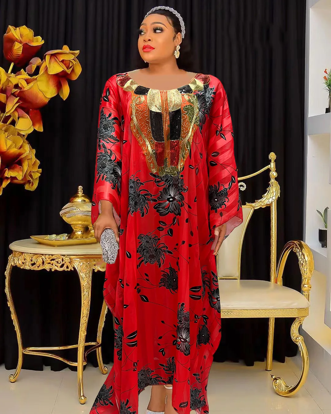 

2023 Plus Size Red Print African Sequins Dress for Women Elegant Lady Wedding Party Gown Summer Nigerian Chiffon Kaftan Robe