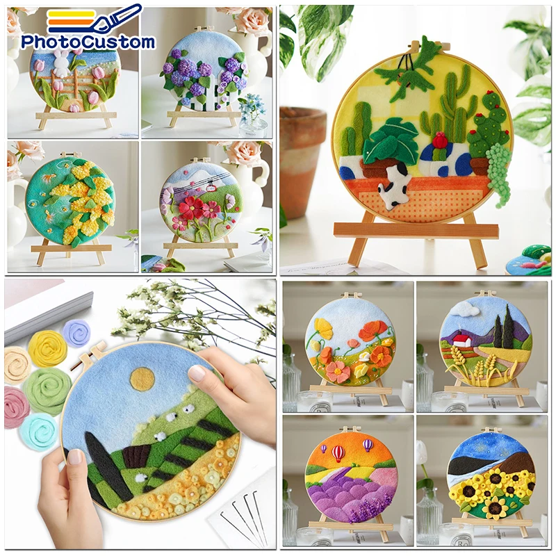 

PhotoCustom Wool Felt Painting With Embroidery Creative Landscape Painting Handmade DIY Wool Frame Fiber Needle Wool Painting